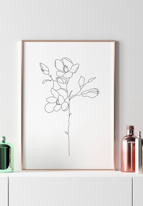 black and white magnolia line art poster